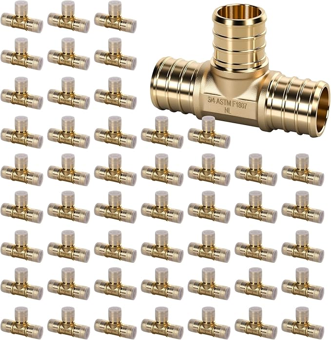 PEX Fittings 3/4 Inch, 50PCS Tee Lead-Free Brass Connectors for PEX B Pipe, NSF UPC Certified, ASTM F1807, Compatible with Crimp/Clamp Rings (Hot/Cold Water, Hydronic Heating)