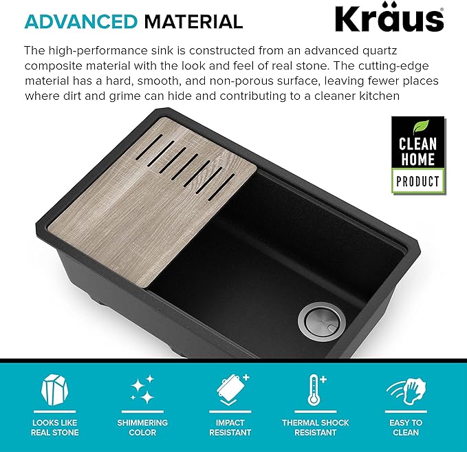 KRAUS Bellucci 30” in. Undermount Workstation Granite Kitchen Sink in Metallic Black with Accessories, KGUW2-30MBL