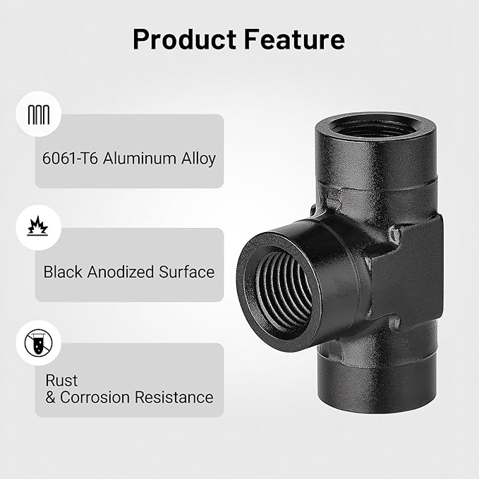 EVIL ENERGY 1/4 NPT Female Tee Fitting Adapter T Union Aluminum Black