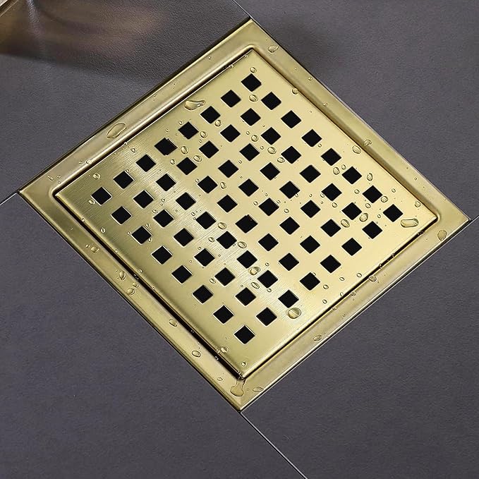 4 Inch Square Shower Floor Drain, Shower Drain Kit with Flange, Square Shower Drain, SUS 304 Stainless Steel Floor Drain,Golden
