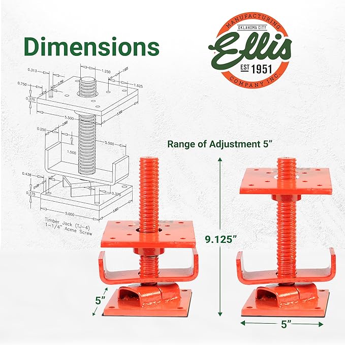 Ellis Manufacturing Timber Jack – Adjustable Post for House Leveling, Basement Support, Joist Lift, Crawl Space Shoring, Screw Support Beam, 5" Range, 15,000 lbs Capacity