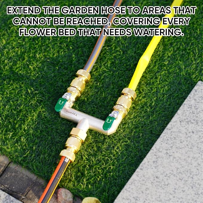 2 Way Garden Hose Splitter, Heavy Duty Brass Nickel Plated Rust Resistant Faucet Manifold, 3/4" Frost Resistant Outdoor Hose Adapter Connector，Hose Spigot Adapter with 2 Large Green Handles