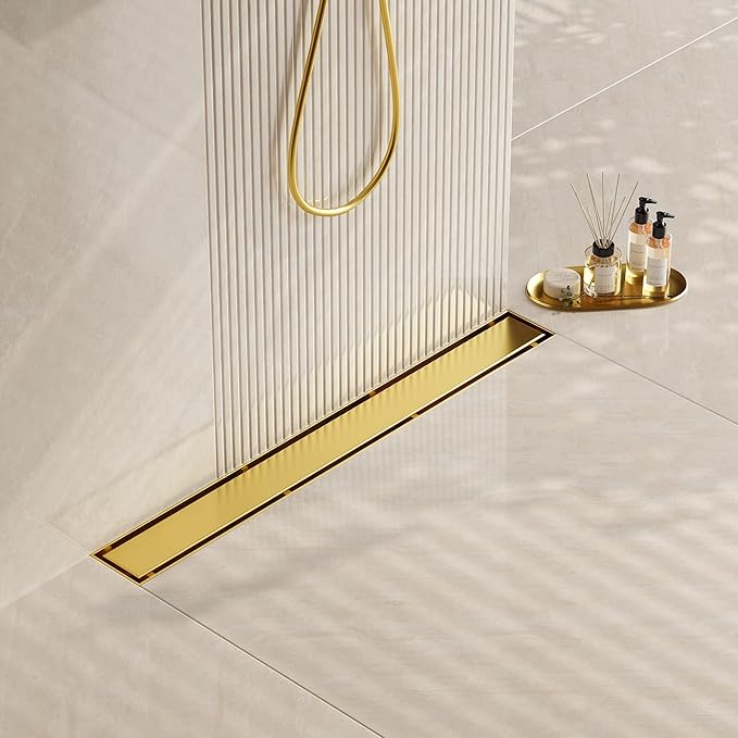 Neodrain 28-Inch Gold Linear Shower Drain, 2-in-1 Flat & Tile Insert Cover, Stainless Steel Linear Drain, Brushed Brass Rectangle Shower Floor Drain with Hair Strainer, Watermark&CUPC Certified