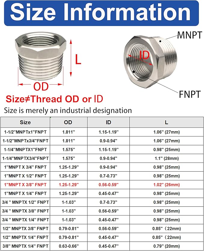 1" Male to 3/8" Female NPT Threaded Reducer Hex Bushing 304 Stainless Steel Reducing Adapter Pipe Fitting With Teflon Plumbers Tape(Pack of 2)