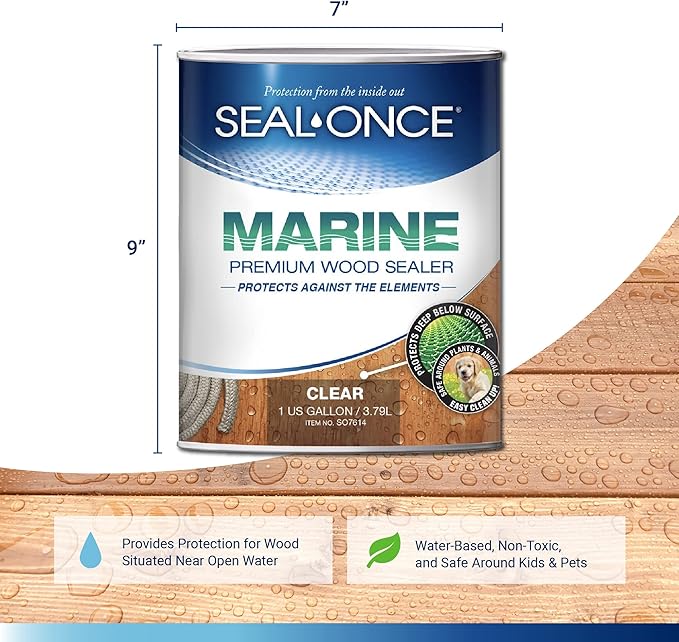 SEAL-ONCE MARINE - 1 Gallon Penetrating Wood Sealer, Waterproofer & Stain. Water-Based, Ultra-low VOC formula for high-moisture areas to protect wood docks, decks, piers & retaining walls.