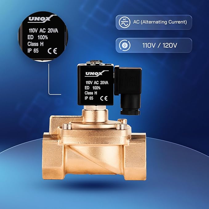 UNOX 1 1/4" NPT Solenoid Valve 110V AC, Brass Control Valve Normally Closed - 7-232 PSI Multi-Purpose Reliable Control Valve for Water, Air, and Gas - Solenoid Valves
