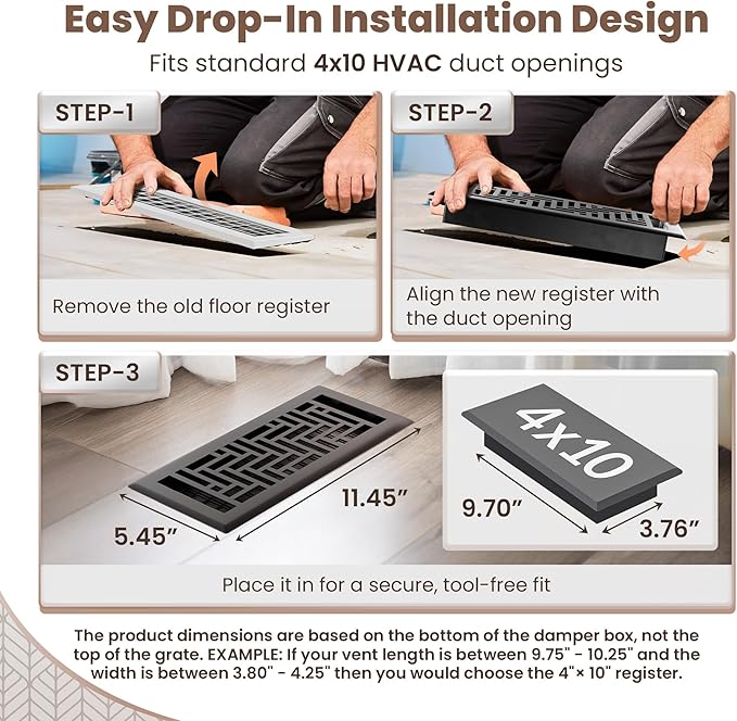 Floor Register 4x10 Vent Cover – 8 Pack – Heavy-Duty Steel, Rustproof & Walkable Grates, Drop-in Install, Adjustable Air Supply Switch - Decorative Herringbone Design, Textured Black
