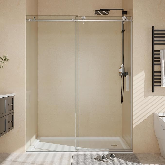 Semi-Frameless Sliding Shower Door - 44 to 48 Inch Adjustable Width x 76 Inch High, 6mm Coated Tempered Glass with Easy Clean, One Fixed & One Sliding Panel, Stainless Steel Round Rail, Brushed Nickel
