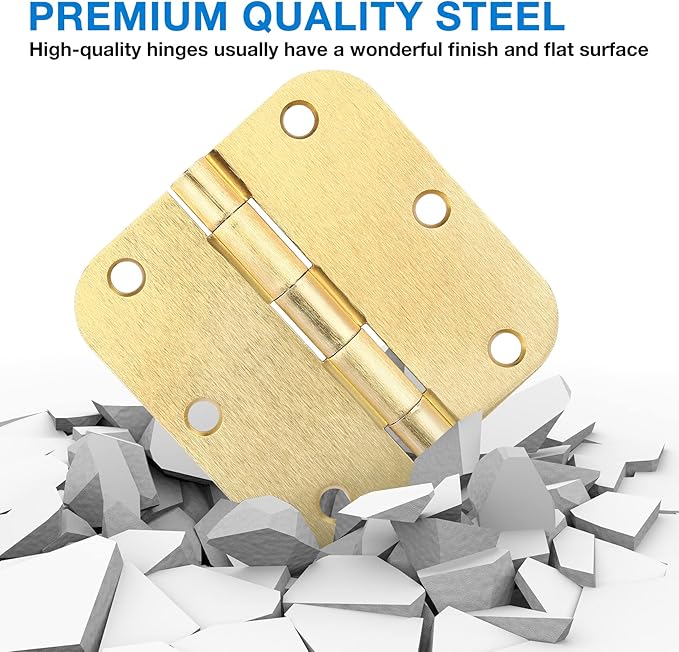 Door Hinges Satin Brass 3.5 Inch x 3.5" Interior Gold Door Hinges for Doors 6 Pack Brushed Brass Door Hinges 3-1/2" Rounded 5/8"Radius Corners Bedroom Residential Standard Indoor Door Hardware Hinge