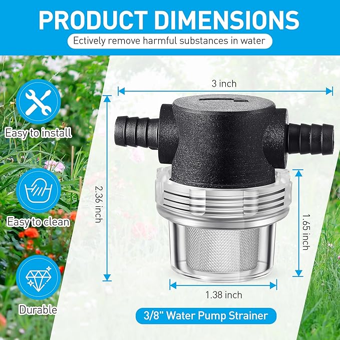 Water Pump Strainer, 3/8 Inch Hose Barb In-Line Strainer Twist-On Sprayer Filter for Water Pump 12V DC 80 PSI RV Camper Marine Boat Lawn