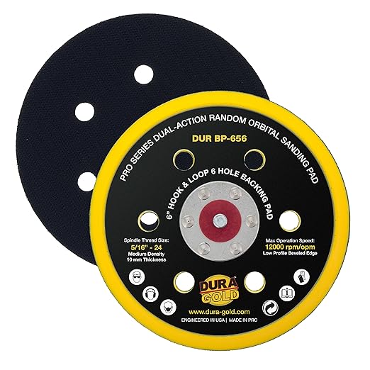 Dura-Gold Pro Series 6" Hook & Loop DA Backing Plate Pad, 6 Hole Pattern Dustless - Low Profile Edge, Medium Density, Dual-Action Random Orbital Sanding Pad, Sander Polisher Auto Woodworking Sandpaper