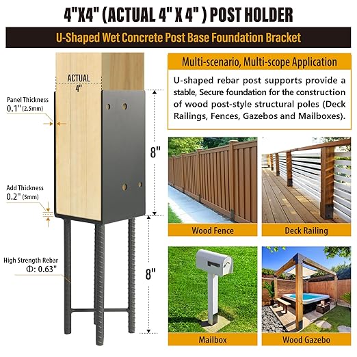 4"x4" Stainless Steels U-Shape Post Holder, Wet Concrete Post Anchor, Heavy-Duty Post Base Bracket for Fence, Deck Railing, Wood Gazebo, Pergola (4pack-Dark Gray)