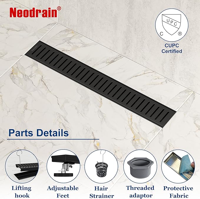 Neodrain 18" Matte Black Linear Shower Drain Shower Linear Drain, Removable Capsule Pattern Grate, Bathroom 304 Stainless Steel Rectangle Shower Floor Drains- CUPC Certified