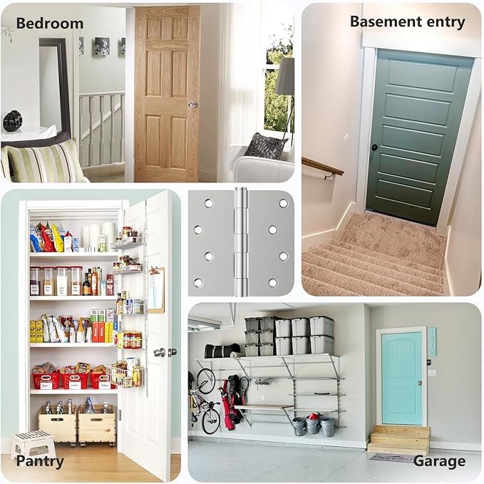 6 Pack Brushed Nickel Door Hinges 4 Inch, Exterior Door Hinges with Square & 5/8" Radius, Removable Pin, Perfect for Heavy-Duty Front & Back Door, Antirust & No Squeaks