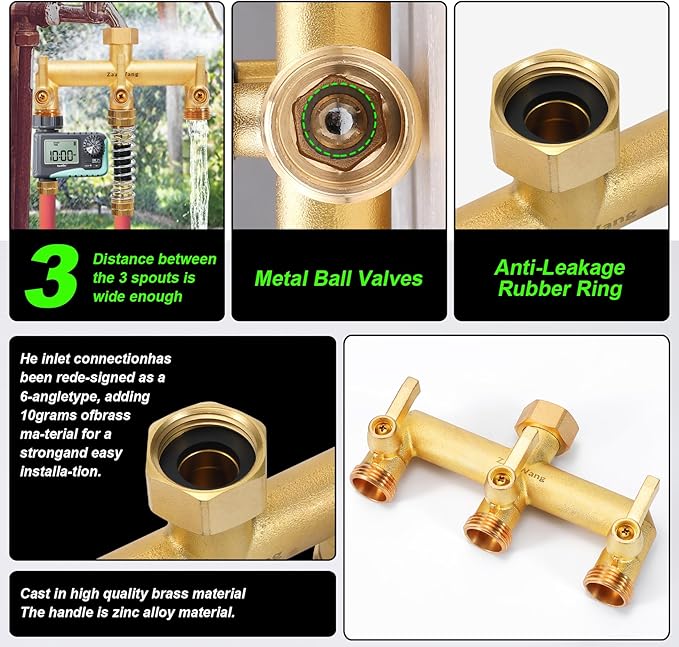 Heavy Duty Brass 3-Way Garden Hose Splitter with Metal Shutoff Valve and Long Handle Outdoor Faucet Diverter, 3/4’ GHT Threads