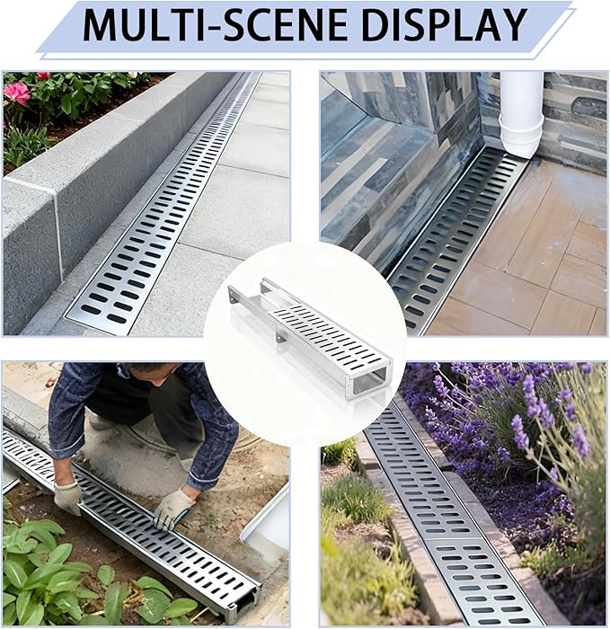 304 Stainless Steel Channel Drain, Durable Trench Drain System with Drain Grate, Deep Profile Channel, Trench Drain Channel for Driveway, Outdoor, Yard, Garage Floor Drain Channel (Silver, 39.4in)