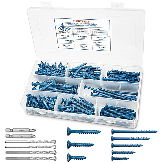 220Pcs Concrete Screws with Drill Bit and Driver bit, 3/16" 1/4" Flat Head Concrete Cement Screws Assortment Kit for Anchoring to Masonry, Block or Brick Stucco, Length 1-1/4" to 3-1/4"