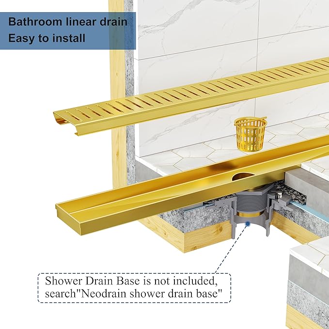 Neodrain 36" Gold Bathroom Linear Shower Drain with Removable Capsule Pattern Grate, 304 Stainless Steel Rectangle Shower Floor Linear Drain- Adjustable Leveling Feet,Hair Strainer, CUPC Certified