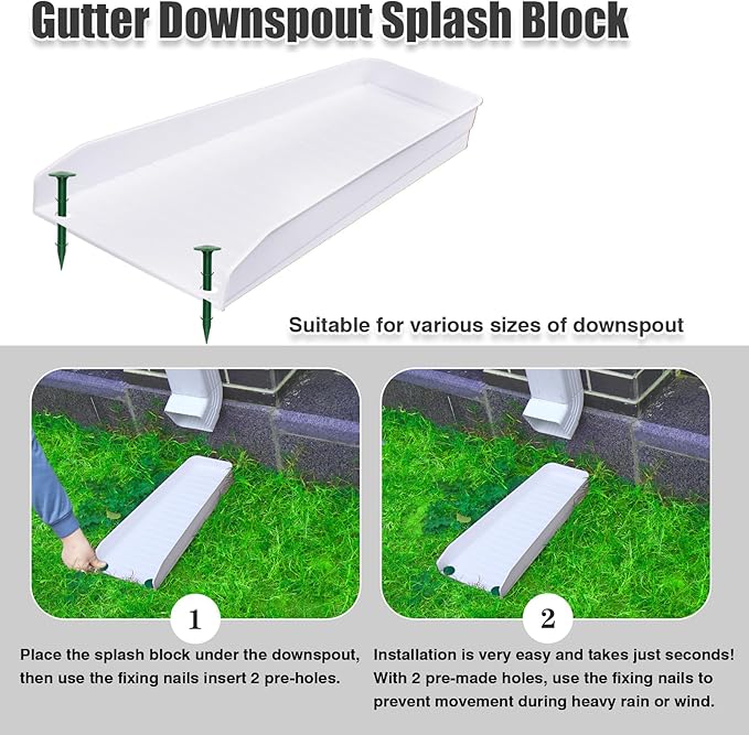 4-Pack Rain Gutter Downspout Splash Block - 16" Fixable Gutter Downspout Extension for Rainwater Drainage, Ladder Downwards Design with 8 Fixed PP Nails (White)