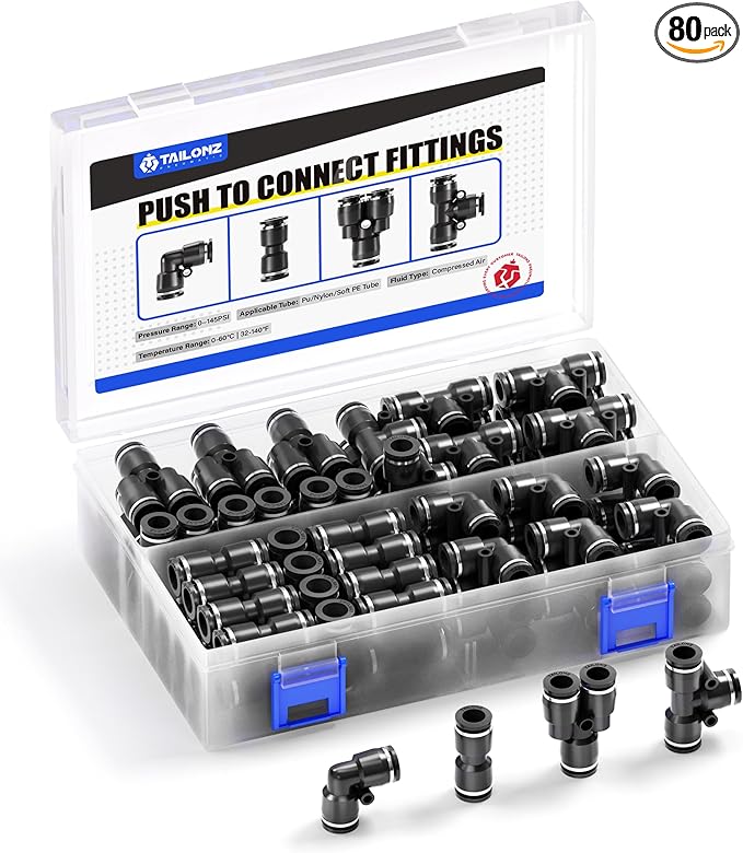 TAILONZ PNEUMATIC Black 1/4 Inch od Push to Connect Fittings Pneumatic Fittings Kit 20 Spliters+20 Elbows+20 tee+20 Straight (80 pcs)