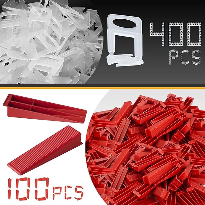 Tile Leveling System 400-Piece Tile Leveling Spacer Clips and 100-Piece Reusable Wedges Tile Leveler Tool Set for Ceramic Tile and Stone Installation (1/16 Inch)
