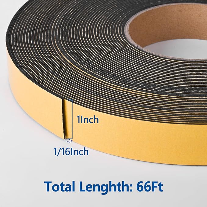 Self Adhesive Foam Tape Weatherstrip 1in x 1/16in x 66Ft High Density Foam Insulation Strips Foam Seal Weather Stripping with Strong Adhesive for Door and Window Sound Isolation Soundproofing