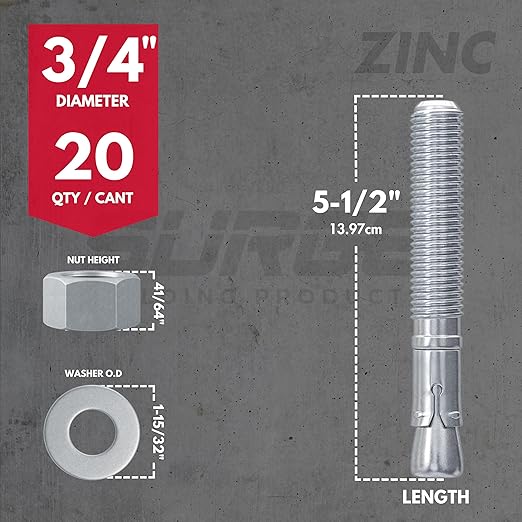 3/4" x 5-1/2" Zinc-Plated Wedge Anchors for Concrete and Cement | Heavy-Duty 3/4 Concrete Anchors (Box of 20)