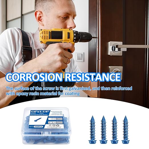 100PCS Concrete Screws Assortment Kit, 1/4" x1-1/4 Masonry Screws with Drill Bit and Driver Bit, Hex Head Cement Screws and Anchor, Diamond Point, Self Tapping Concrete Brick or Stucco, Blue Coated