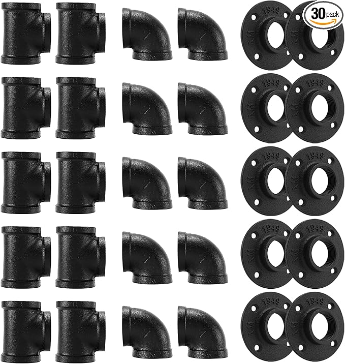 1" Black Pipe Fitting, 30 Pack 1" Black Floor Flange/Elbow/Tee Combo for Industrial vintage style, Flanges/Elbow/Tee with Threaded Hole for DIY Project/Furniture/Shelving(30, Black 1")