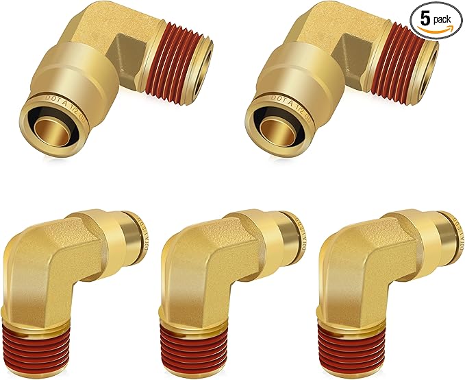Siptenk 1/2" Elbow DOT Brass Push to Connect Air Line Fittings 5 PCS, 1/2" OD Tube x 3/8" NPT Thread Air Brake Line Quick Connect Fittings for Truck Trailers Industry Air System