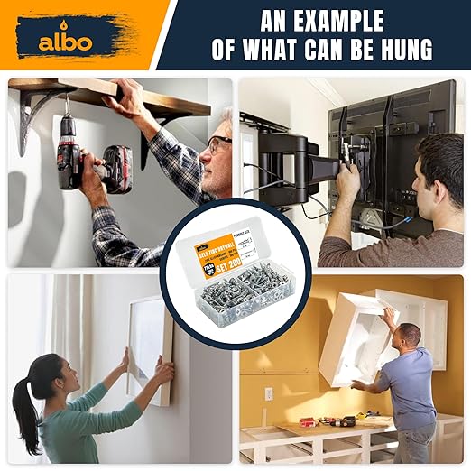 ALBO #6 Zinc Self-Drilling Drywall Anchors, 200PC Set – Includes 100 Heavy Duty Sheetrock Anchors & 100#6 x 1-1/4'' Screws – 75LB Capacity for Hanging and Mounting