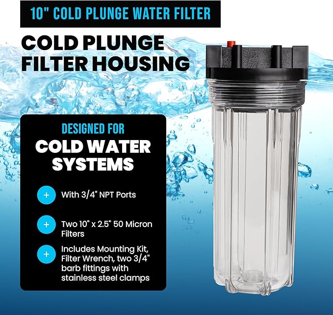 Cold Plunge Water Filter System, 10" Housing with 3/4" NPT Ports, 2× 50 Micron Pleated Filters, Mounting Kit & Wrench, Inline Sediment Filtration for Ice Baths, Whole House, Pool or Spa Use