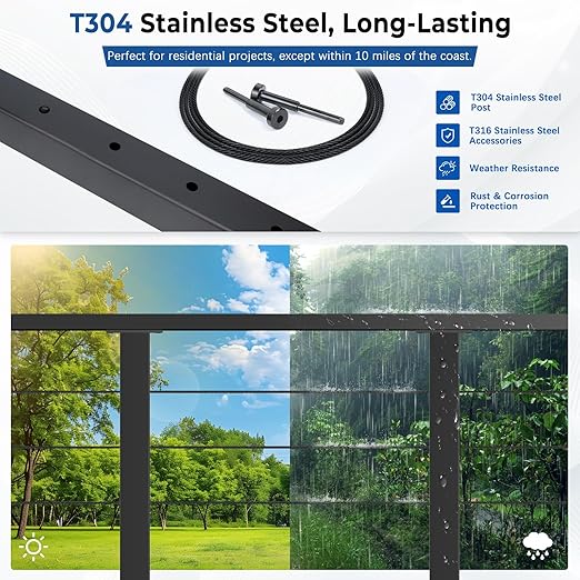 36" Expandable 12-16FT Black T304 Cable Railing Post Kit, Complete Cable Railing System with 4 Level Posts & 177ft 1/8" Wire Rope(No Handrail), Adjustable Length Easy DIY for Decks/Porch
