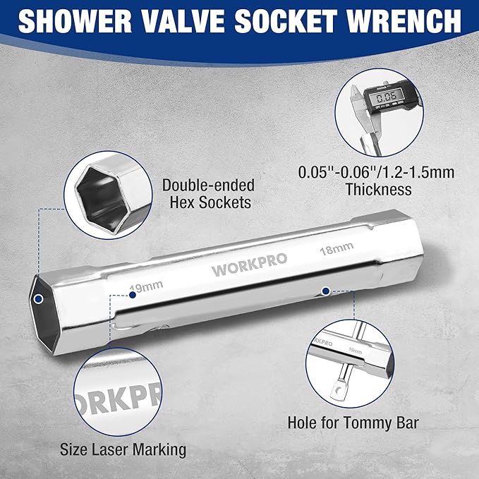 WORKPRO 9-Piece Shower Valve Socket Wrench Set with Bar Handle, for Bathroom Removal of Tub and Shower Valves, Home Plumbing Repairs, Double-Ended, Storage Bag Included