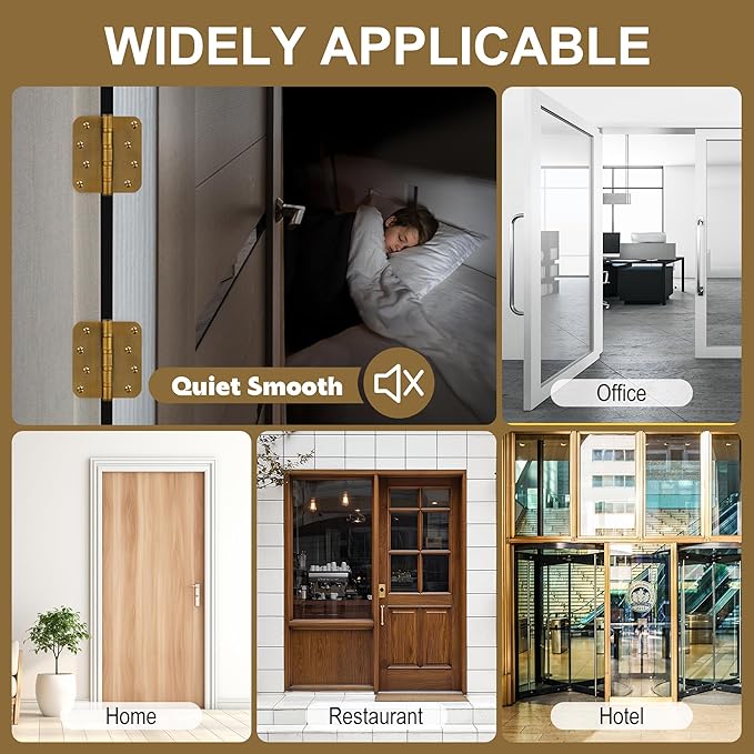 6 Pack 4" Heavy Duty Door Hinges with 5/8'' Radius Corner, 4in x 4in Stainless Steel Door Hinges for Exterior & Interior Doors, Smooth and Quiet (Brass)