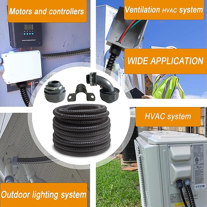 (1/2" Dia * 50 Feet) Yariwiz Black Special Extra Flexible Electrical Conduit Liquid Tight PVC Conduit Kit with 5 PCS Coupling, 3 PCS Elbow and 10 PCS Strap, Sealtight Seal Flex Liquidtight Wire