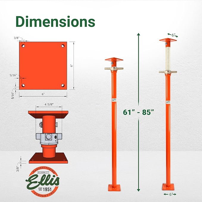 Ellis Manufacturing Light-Duty Steel Lifting Shore and Jack Post – House Jack for Foundation, Floor Leveling, and Concrete Bracing – 8,000 lb Safe Load Capacity – 61"-85" Adjustment