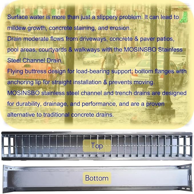 304 Stainless Steel Channel Drain with Galvanized Steel Grate 39.4x5.9x5.5 in, B-Class 28100 lbs Heavy-Duty Drain Kit for 3" Pipe, Trench Drainage System for Outdoor, Driveway, Garage, Yard