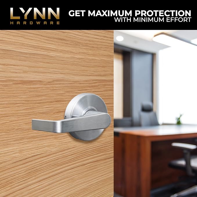 LYNN HARDWARE Commercial Door Lever Lock - Heavy-Duty Locking Door Handle, Designer Door Handles, Cylindrical Lever Lock, Non-Handed Grade 2 Door Handle, Satin Chrome, Entrance Keylock w/Clutch