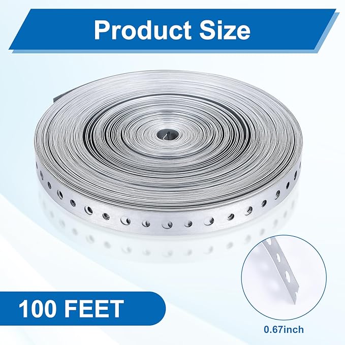 Galvanized Metal Pipe Strap, 100 Feet 24-Gauge Galvanized Hanger Straps, Pipe Hanger Strap Pipe Strap Metal Strap for Pipe Support Hanging and Flexible Trimming with Holes