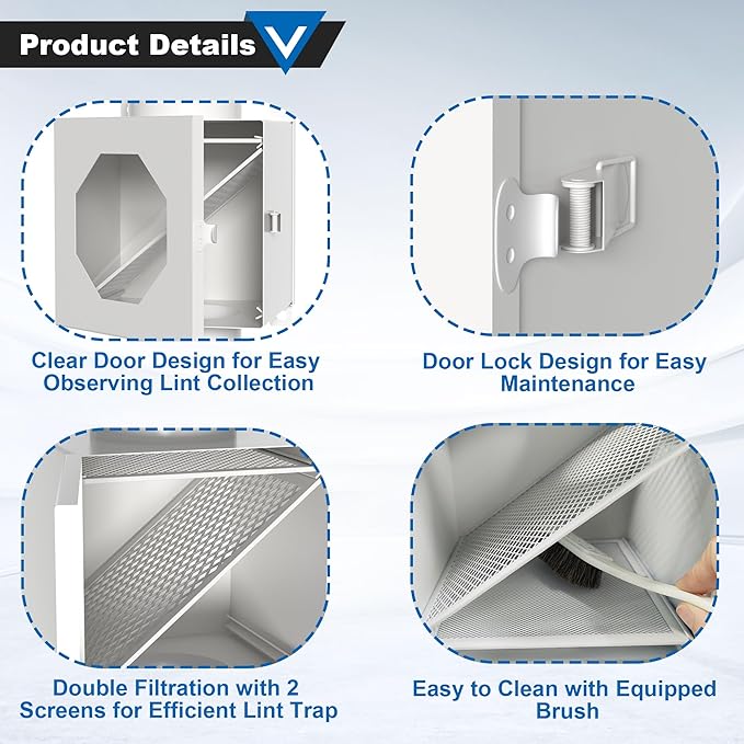 Dryer Lint Trap, Indoor Dryer Vent Kit, Metal Lint Catcher Box with 90 Degree Dryer Vent Elbow Set Vent Duct Hose Clamps Sealing Tape Cleaning Brush Filter Screens Space Saving Connector Kit