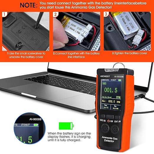 Ammonia NH3 Gas Detector Handheld Ammonia Sensor, AIOMEST Medidor Amoniaco Meter AI-9000B Monitor NH3 Air Level 100PPM w/Data Logging & Alert, Temperature Humidity for Horse Stall Poultry Farm