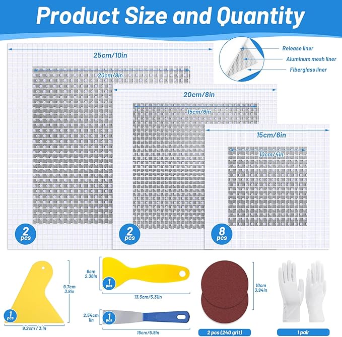 12 PCS 4/6/8 Inch Wall Repair Patch Kit, Aluminum Mesh Dry Wall Hole Repair Patch with Scraper Sandpapers Gloves Heavy Duty Wall Repair for Large Holes Quick Fixes