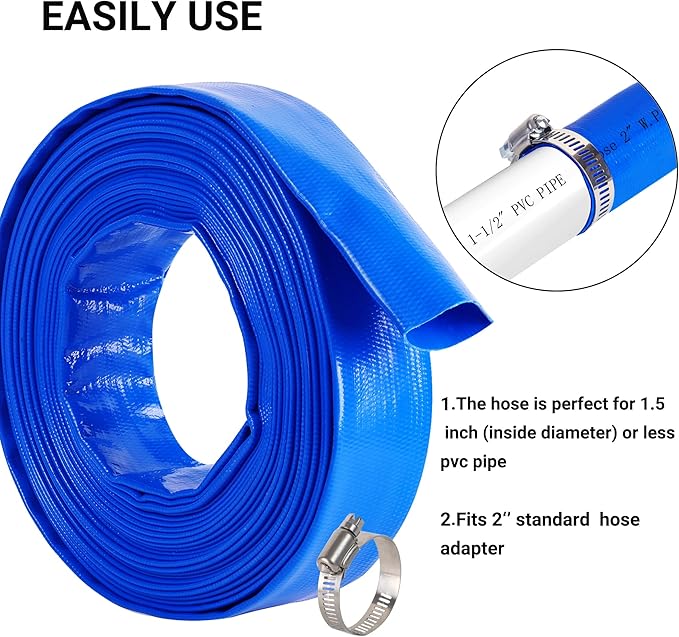 2" (Flat 3.4’’ width) x 100 FT Pool Backwash Hose Kit with Male NPT Adapter, Blue Reinforced Pool Drain Discharge Hose for Swimming Pool Filter Pump,with 2 Clamp and Thread Seal Tape