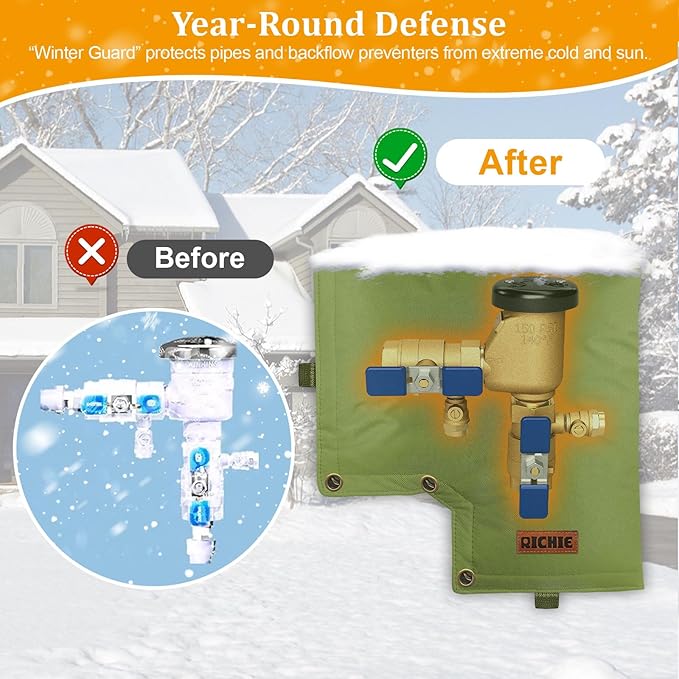 Backflow Preventer Insulated Cover (5°F) for Winter Freeze Protection, 13"W x 12"H Thickened Pressure Vacuum Breaker & Well Pump Cover, Outdoor Waterproof Insulation Pouch for Sprinkler Valve, Green