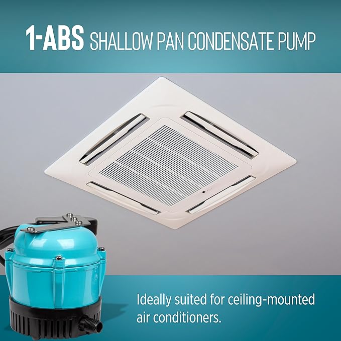 Little Giant 1-ABS 230-volt, 50/60 Hz, 1/150 HP, 205 GPH Automatic Shallow Pan Condensate Removal Pump for Ceiling Mounted Air Conditioners or Dehumidifiers, Black/Blue, 550532