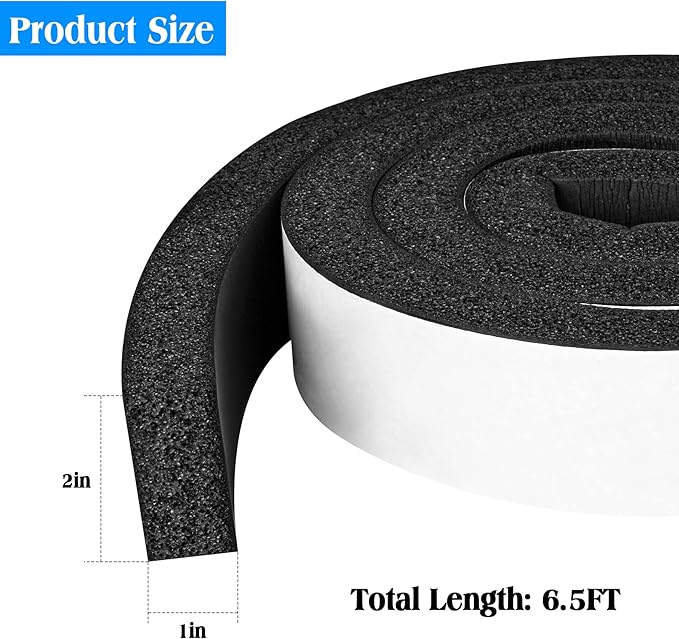 Foam Strips with Adhesive, 2 Inch Wide X 1 Inch Thick, Neoprene Weather Stripping High Density Foam Closed Cell Tape Seal for Doors and Windows Insulation, Total 6.5 Feet Long