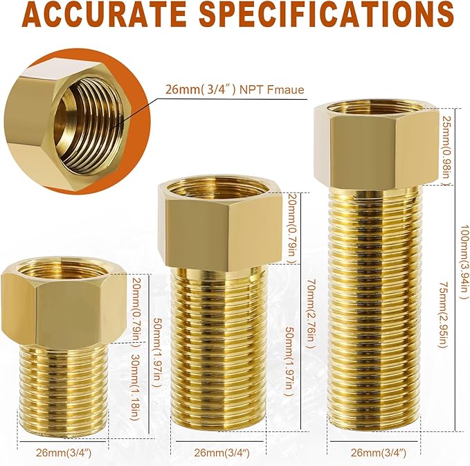 Extension Brass Fittings 3/4" Male Threaded Pipe Hex Bushing Adapter Converter Adapter, Female to 3/4" Copper Pipe Extension Connector Fittings Female Length 100mm (3pcs)
