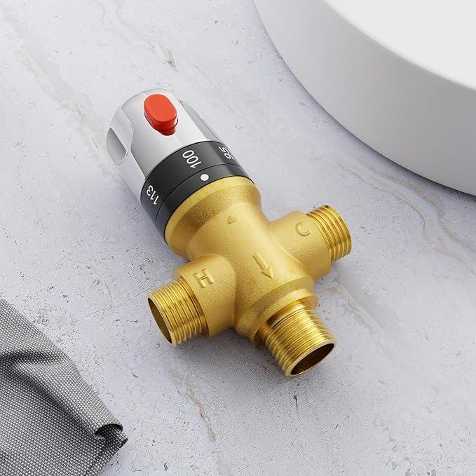 Thermostatic Mixing Valve with 1/2 NPT Male Connection, Water Temperature Constant Control Valve, Fahrenheit Scale Mark, Solid Brass,Golden