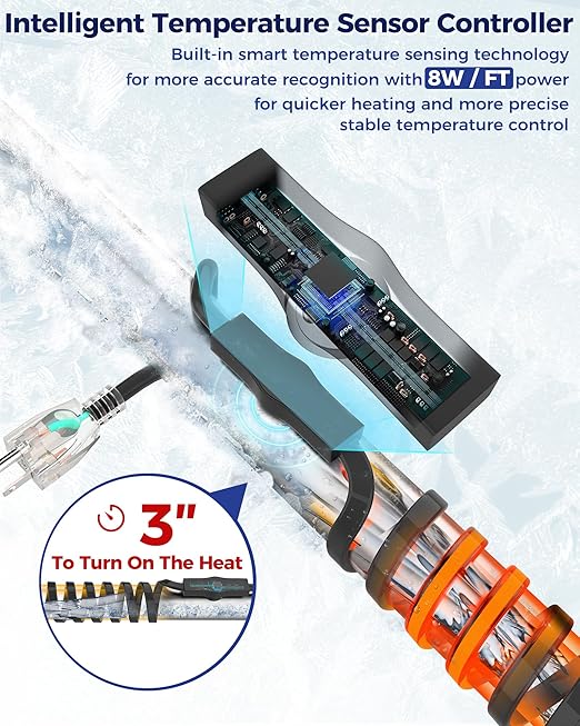 30FT Heat Tape for Water Pipes Electric Heat Tape for Water Pipe Freeze Protection, Heat Cable for Water Pipes Self-Regulating Heating Cable for Metal and Plastic Pipes, 8W/FT, 120V